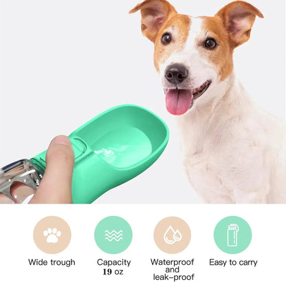 Dog drinking from portable travel water bottle on a walk