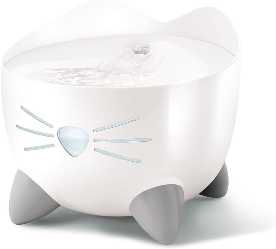 Catit PIXI water fountain color variations – white, pink, green, and stainless steel