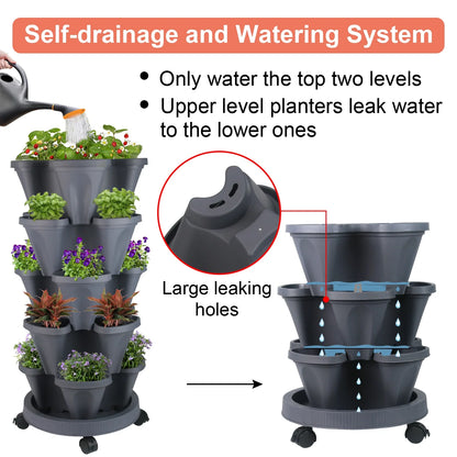 Transform Your Space with Our 5-Tier Stackable Vertical Garden Planters - Perfect for Strawberries, Herbs, Flowers, and Vegetables - Dark Gray with Wheels