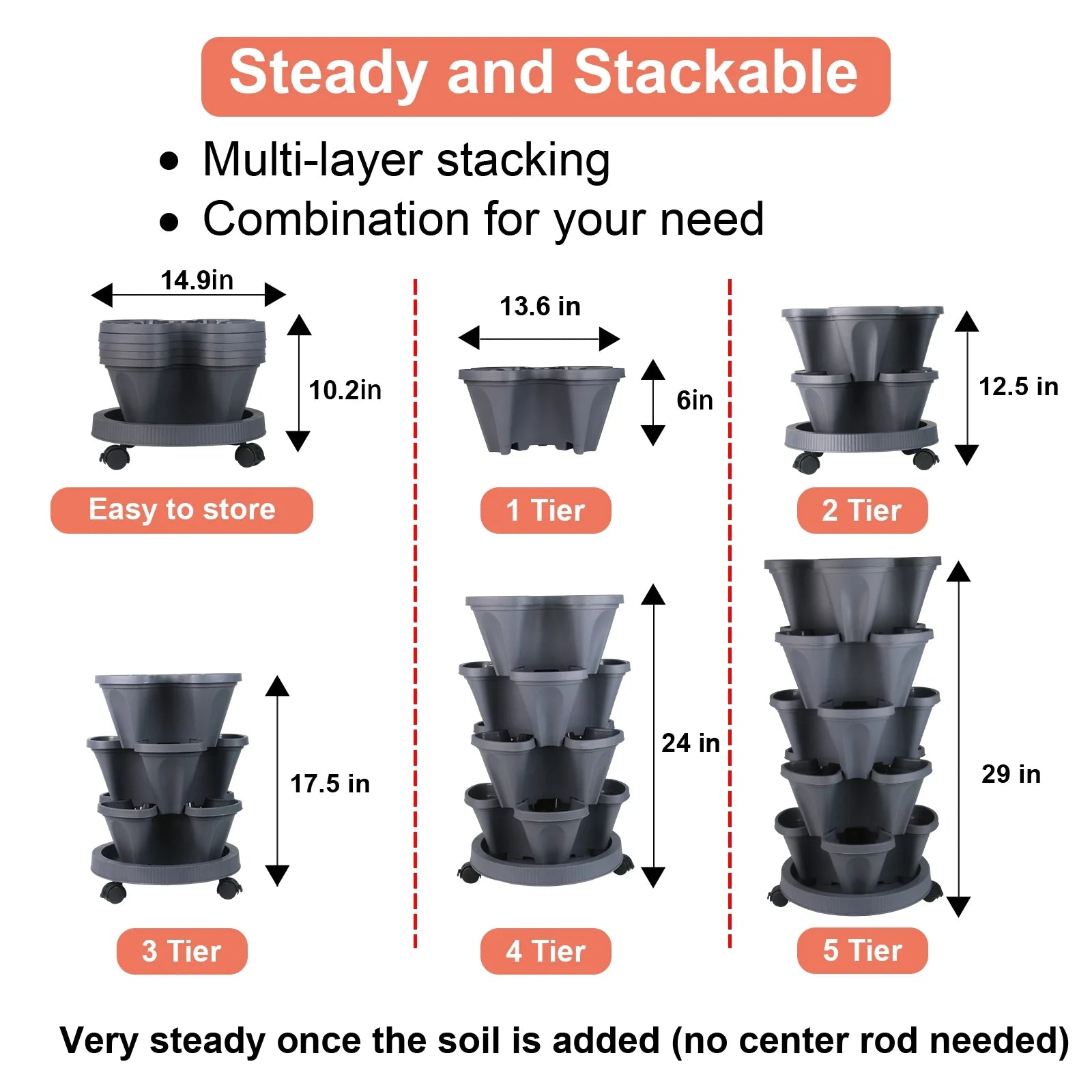 Transform Your Space with Our 5-Tier Stackable Vertical Garden Planters - Perfect for Strawberries, Herbs, Flowers, and Vegetables - Dark Gray with Wheels