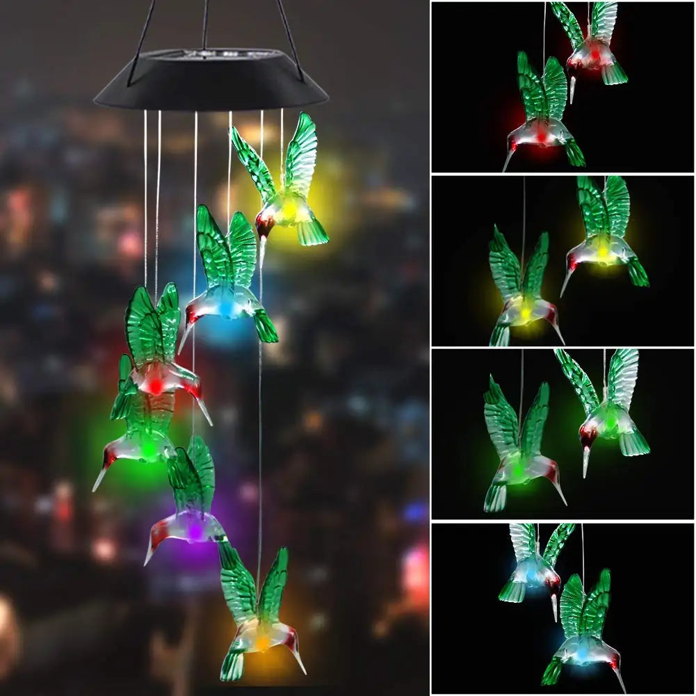 1PC Colorful Gradient Garden LED Wind Chimes Decorated Solar Hummingbird Landscape Garden Lights Decorated Atmosphere