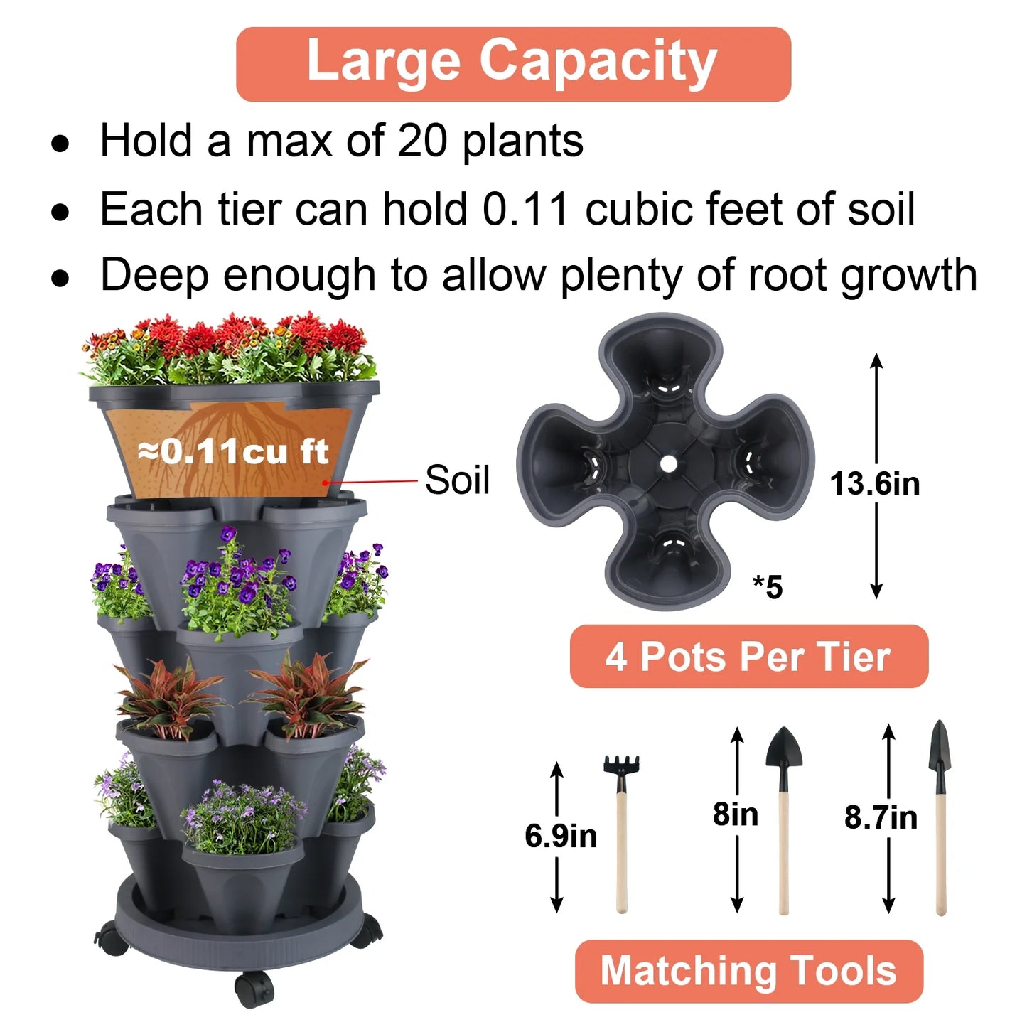 Transform Your Space with Our 5-Tier Stackable Vertical Garden Planters - Perfect for Strawberries, Herbs, Flowers, and Vegetables - Dark Gray with Wheels