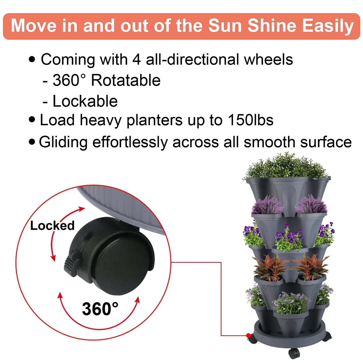 Transform Your Space with Our 5-Tier Stackable Vertical Garden Planters - Perfect for Strawberries, Herbs, Flowers, and Vegetables - Dark Gray with Wheels