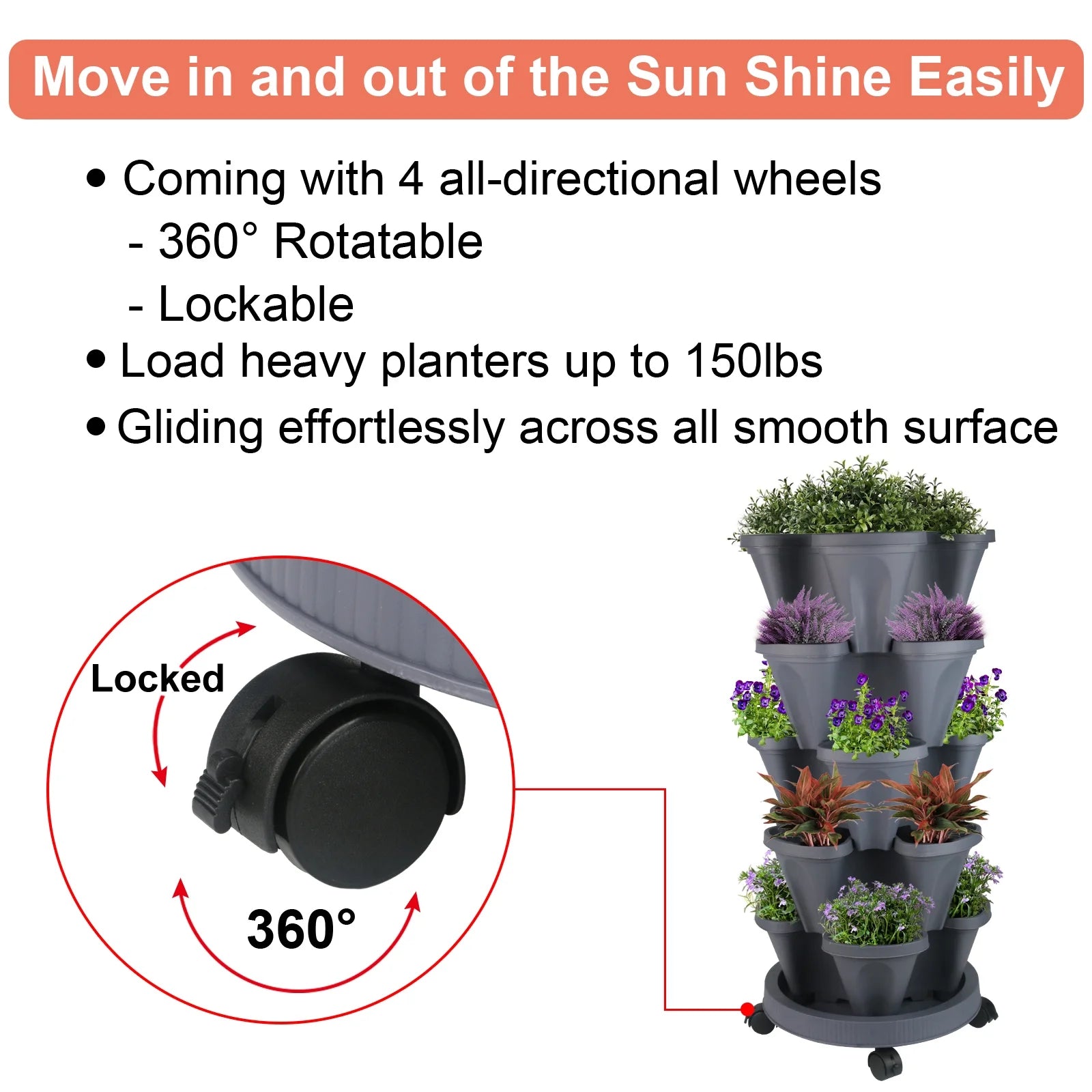 Transform Your Space with Our 5-Tier Stackable Vertical Garden Planters - Perfect for Strawberries, Herbs, Flowers, and Vegetables - Dark Gray with Wheels