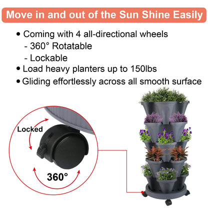 Transform Your Space with Our 5-Tier Stackable Vertical Garden Planters - Perfect for Strawberries, Herbs, Flowers, and Vegetables - Dark Gray with Wheels