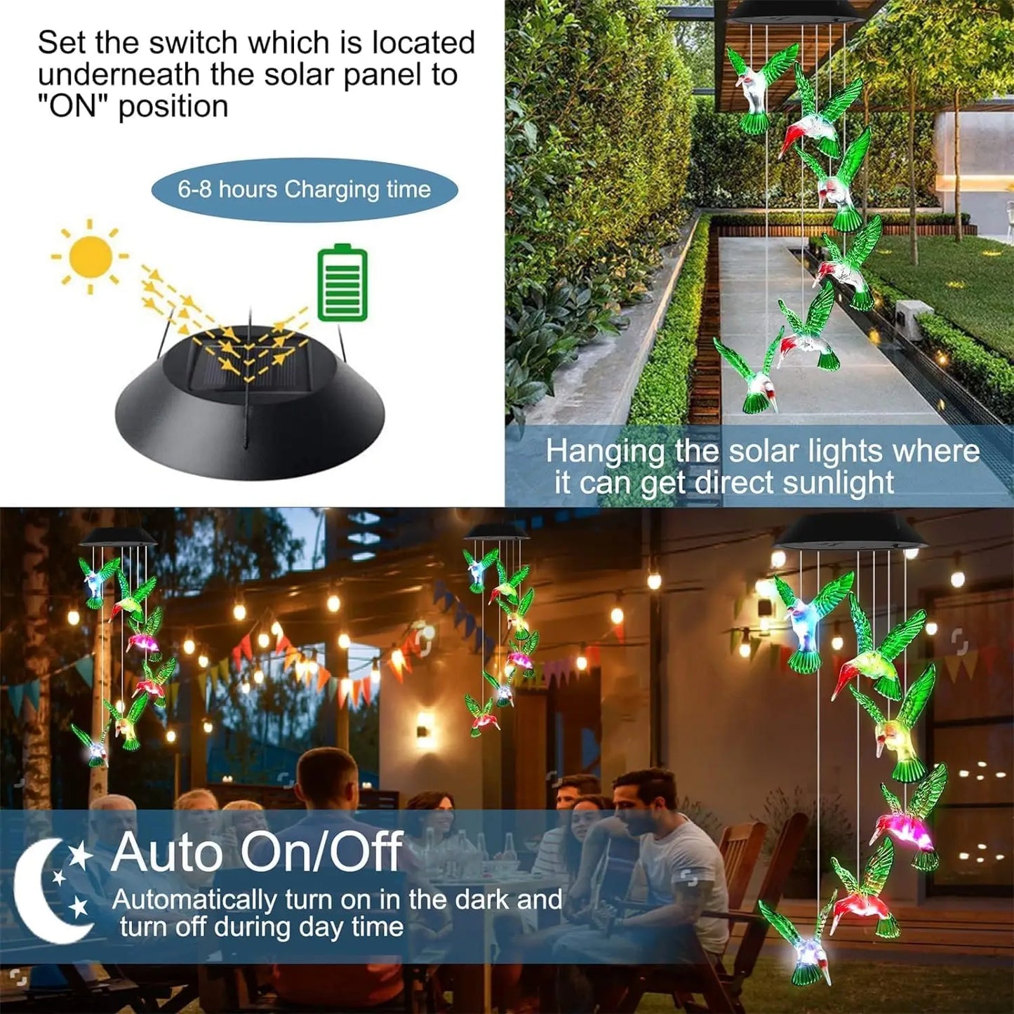 1PC Colorful Gradient Garden LED Wind Chimes Decorated Solar Hummingbird Landscape Garden Lights Decorated Atmosphere