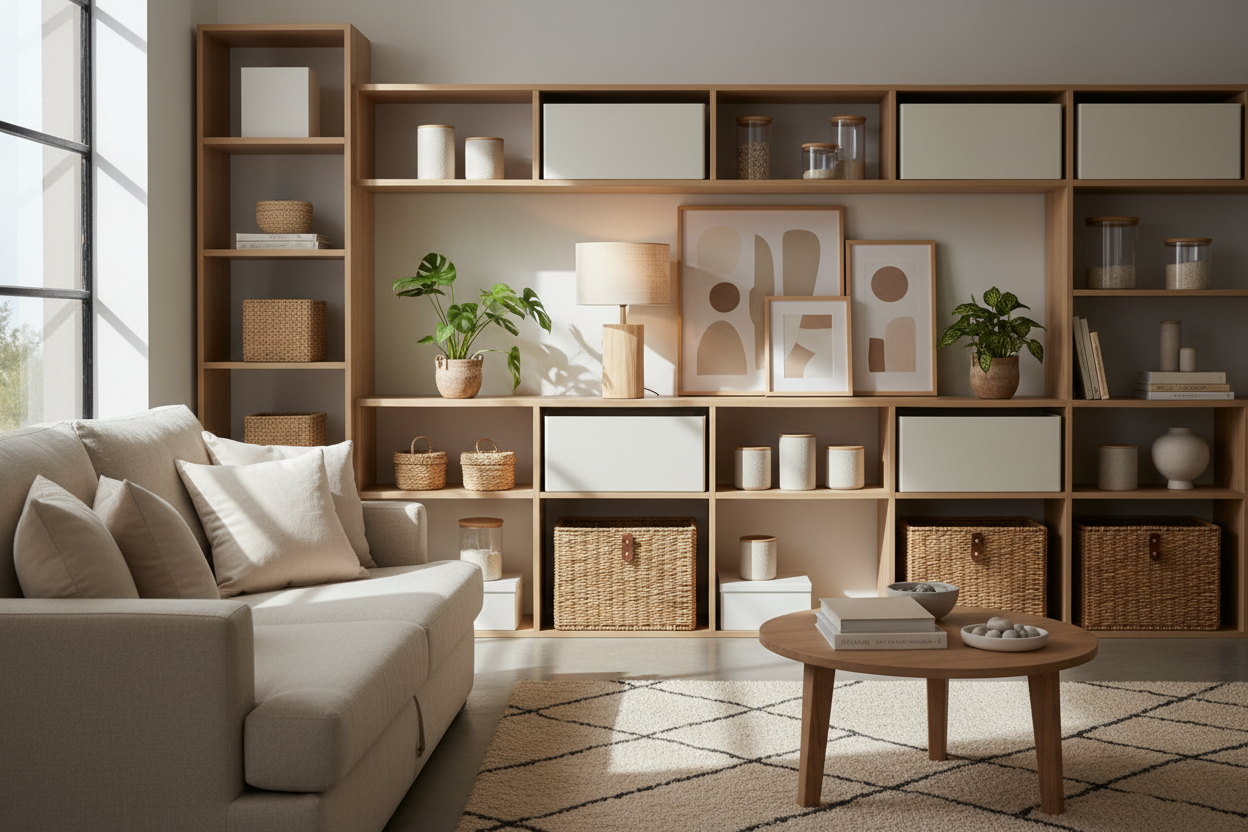 an organize living space showing storage bins and decorative items