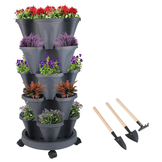 Transform Your Space with Our 5-Tier Stackable Vertical Garden Planters - Perfect for Strawberries, Herbs, Flowers, and Vegetables - Dark Gray with Wheels