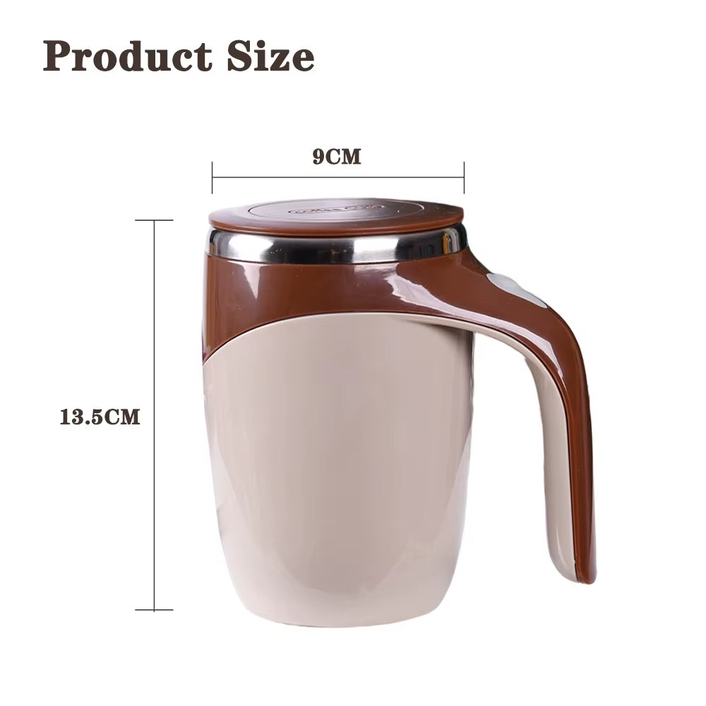 “Self-stirring 380ml stainless steel coffee mug on desk”